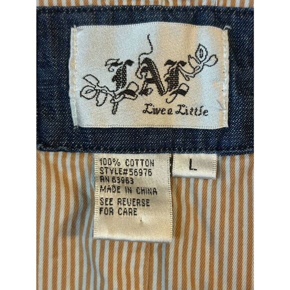 Vtg LIVE A LITTLE Full Zip Denim Jacket Ruffled Wide Collar Size Large (5174) - Picture 5 of 6